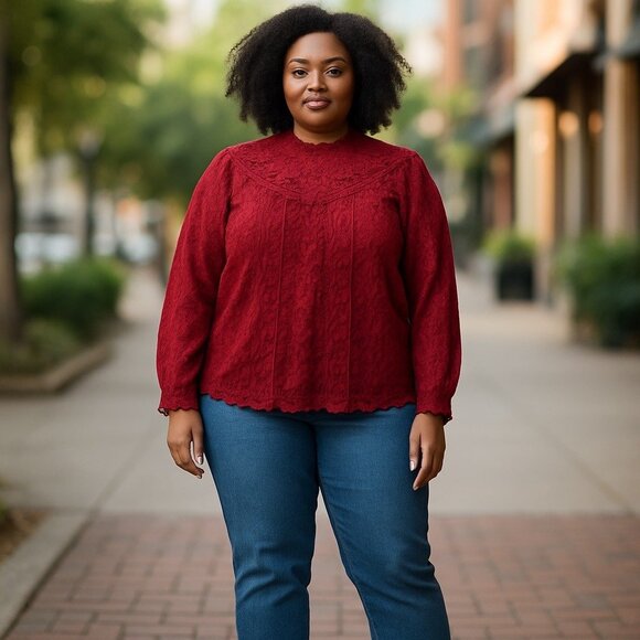 Torrid Womens Lace Blouse High Neck In Rhubarb Red Size 2 (2X) Whimsy - Picture 1 of 11
